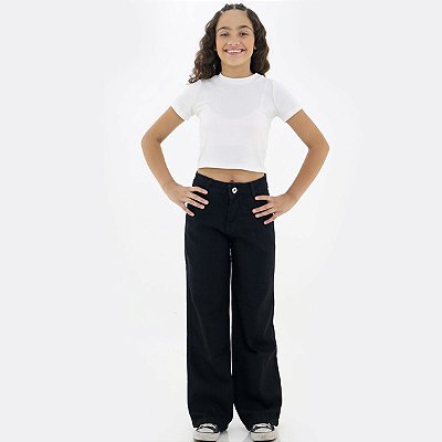 Calça Preta Wide Leg Tecido Pantalona Ajuste Interno Menina