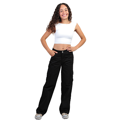 Calça Cargo Wide Leg Preta Tecido Menina Larguinha Infantil