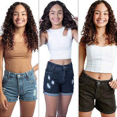 Kit 3 Shorts Jeans Menina Juvenil Infantil Ajuste Interno