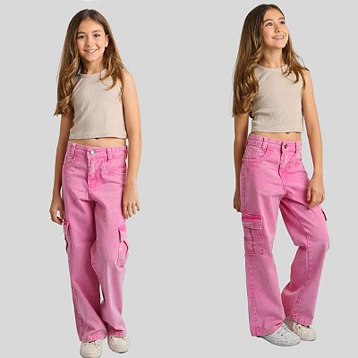 Calça Cargo Jeans Colorido Infantil Juvenil Meninas Feminino