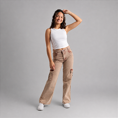 Calça Wide Leg Cargo Jeans Juvenil Vinho