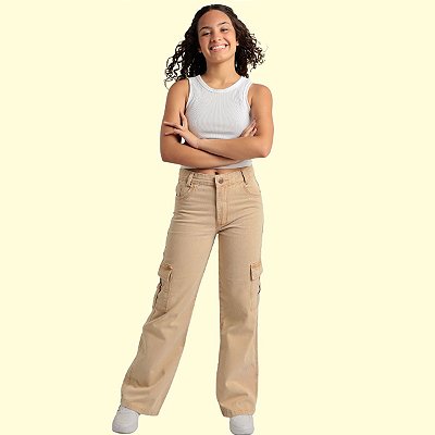 Calça Cargo Jeans Wide Leg Roupa Infantil Juvenil Feminina