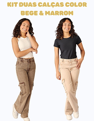 KIT 2 Calças Jeans Bolso Cargo Wide Leg Infantil Juvenil Menina Tecido Colorido 8 ao 16 Escolar