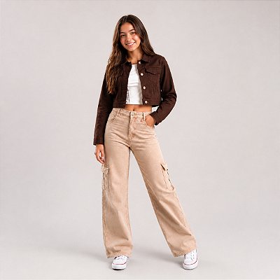 KIt 2 un Calça Jeans Cargo mais Jaqueta Curta Tecido Meninas