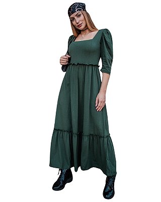 Vestido 100% em Algodão com Manga Bufante Verde Musgo