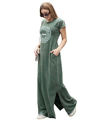 Vestido Estonado Verde estampado a Oração do Pai Nosso em Branco Longo 100% Algodão