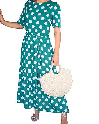 Vestido Midi Verde Bandeira em Viscose Poá Leve, Solto e com caimento Impecável