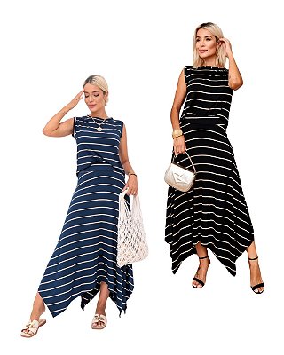 Conjunto em Viscolycra Listrado Azul ou Preto de Blusa e Saia Midi com Pontas Jordânia