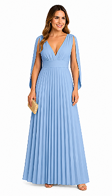 Vestido Longo Plissado Decote em V Agatha