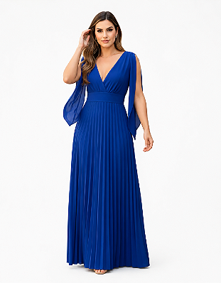 Vestido Longo Plissado Decote em V Agatha