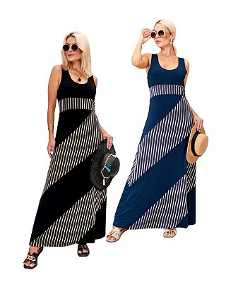Vestido em Viscolycra Longo Listrado Azul ou Preto Regata Ester