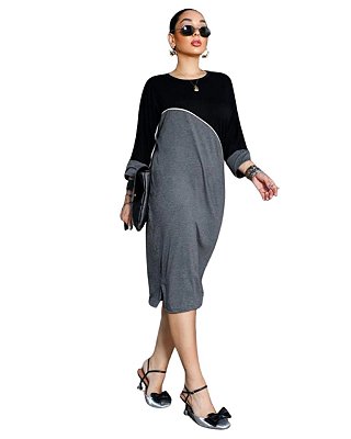 Vestido em Viscolycra Preto e Cinza com mangas longas Vera, discreto e elegante
