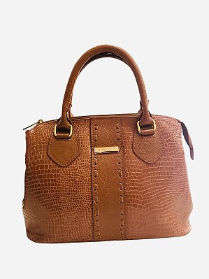 Bolsa Caramelo com faixa trabalhada 100% Couro Croco Livia
