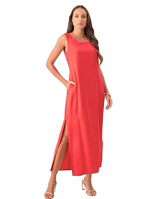 Vestido em Crepe Liso Longo Forrado com Bolsas e Fenda Lateral Cler