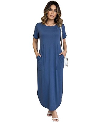Vestido Midi com Bolsos Zoeh Azul Jeans