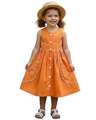Vestido Infantil Laranja com Bordado Floral e Botões Frontais