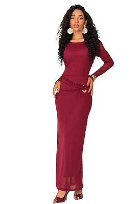 Vestido Iconic justo marsala, com mangas longas em tule