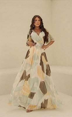 Vestido em Tule Longo com mangas 3/4 Lohane
