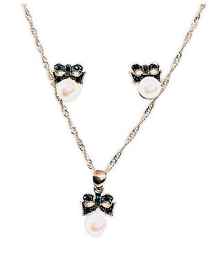 Conjunto Pérola e Laço Cravejado em Strass