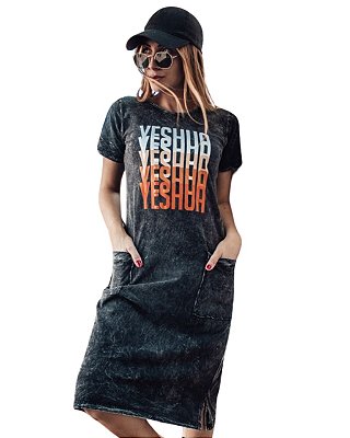 Vestido Midi Preto Estonado estampado "Yeshua" com bolsos 100% Algodão