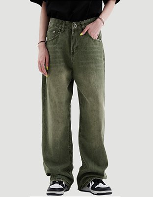Calça Jeans Baggy Destroyed Verde Claro Envelhecida