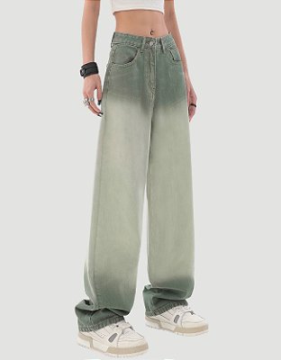 Calça Jeans com Barra Larga Baggy Verde Desbotado