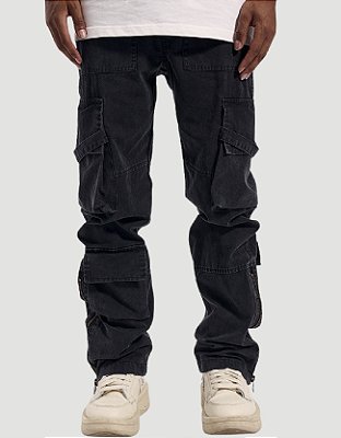 Calça Cargo Jeans Triple Pocket Barra Ajustável Preta