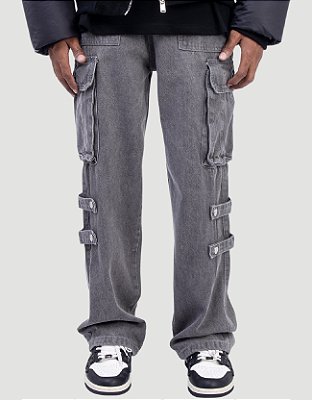 Calça Jeans Cargo Cinza Claro Downside Pocket e Stripes