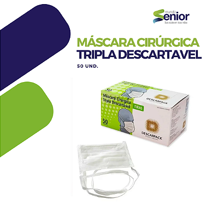 Máscara Cirúrgica Tripla c/Elástico Branca Caixa 50 un. Descarpack