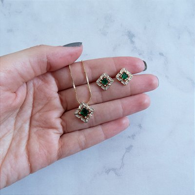 Conjunto losango pedra verde