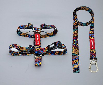 Kit Peitoral H e Guia de Passeio Africa View para Cães e Gatos - Madiba Pet