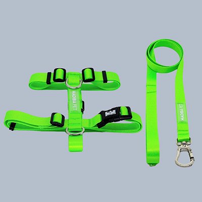 Kit Peitoral H e Guia de Passeio Verde Neon para Cães e Gatos - Madiba Pet
