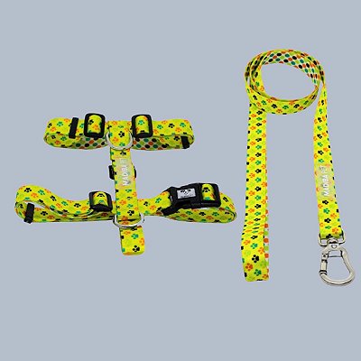 Kit Peitoral H e Guia de Passeio Amarelo Patinha para Cães e Gatos - Madiba Pet
