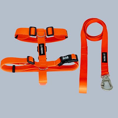 Kit Peitoral H e Guia de Passeio Laranja para Cães e Gatos - Madiba Pet