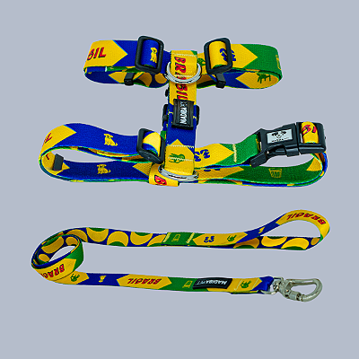 Kit Peitoral H e Guia de Passeio Puro Suco do Brasil para Cães e Gatos - Madiba Pet