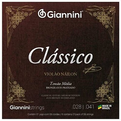 Encordoamento Giannini Clássico P/violão Nylon 65/35 Prateado Média Genwpm