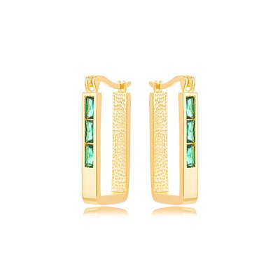 Brinco KAF Argola Retangular Cristal Esmeralda - Banhado em ouro amarelo 18k