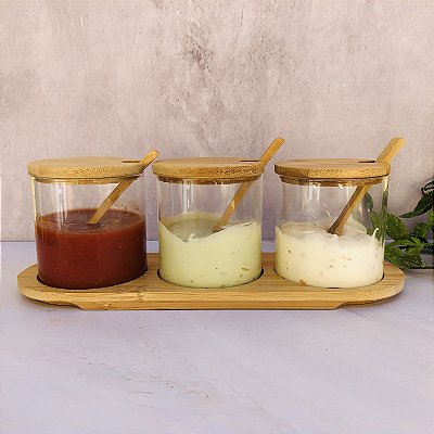 Jg Pote Vidro Com Tampa De Bambu, Colher E Suporte 7pc