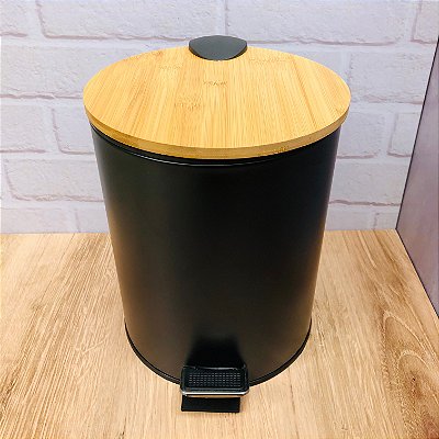 Lixeira Com Pedal Metal E Bambu Preta 5l