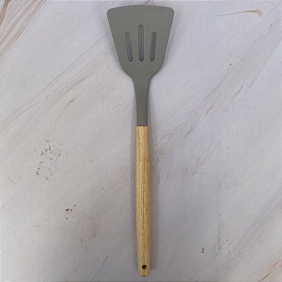 Espatula Vazada De Madeira E Silicone Cinza