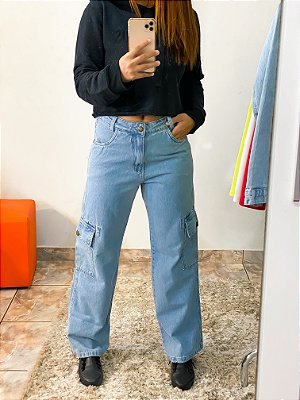 Calça Jeans Feminina Wid Leg Cargo
