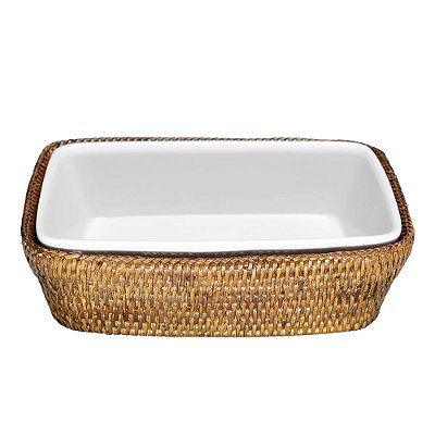 Travessa Porcelana Maya Retangular M com Suporte em Rattan