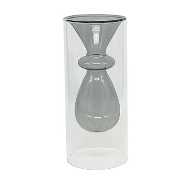 Vaso de Vidro Duplo Transparente e Cinza 17 cm