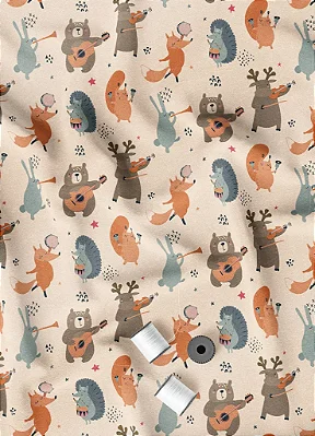 Tecido Microfibra Estampa Digital Animais Musicais 1,55m de Largura