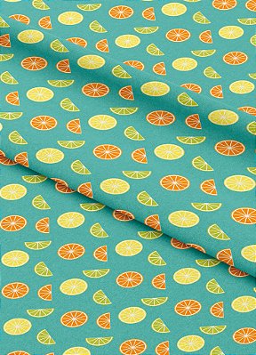 Tecido Microfibra Estampa Digital Laranja e Limão Fundo Azul 1,55m de Largura