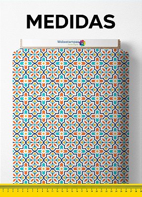 Tecido Microfibra Estampa Digital Mosaico Azul e Laranja 1,55m de Largura