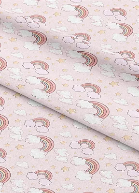 Tecido Microfibra Estampa Digital Arco Íris e Nuvem Rosa 1,55m de Largura