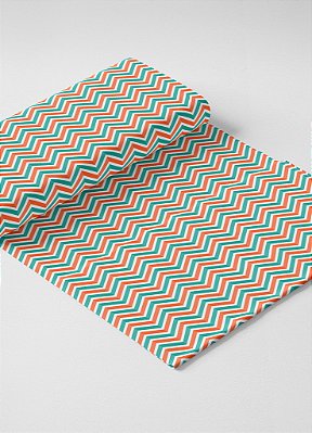 Tecido Microfibra Estampa Digital Chevron Azul e Laranja 1,55m de Largura
