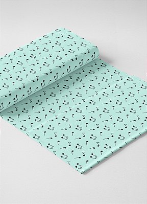 Tecido Microfibra Estampa Digital Nota Musical Preto Fundo Azul Bebe 1,55m de Largura