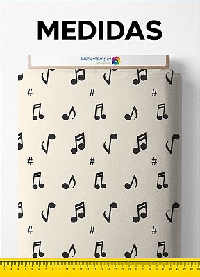 Tecido Microfibra Estampa Digital Nota Musical Preto Fundo Beje 1,55m de Largura